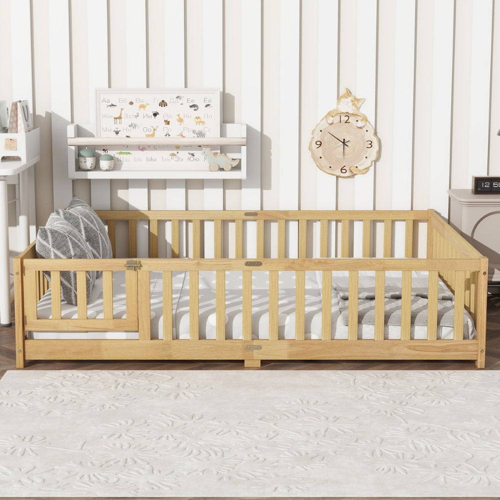 English Elm Full Size Rubber Wood Floor Bed with Surrounding Fence Door and Safety Guardrails W504P370522
