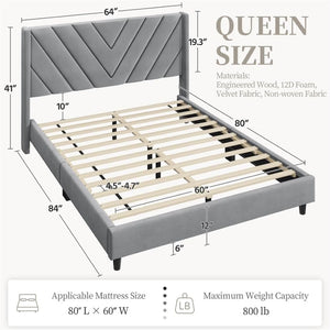 English Elm Queen Upholstered Platform Bed Gray Fabric Headboard Wooden Slat No Box Spring W5239P452887