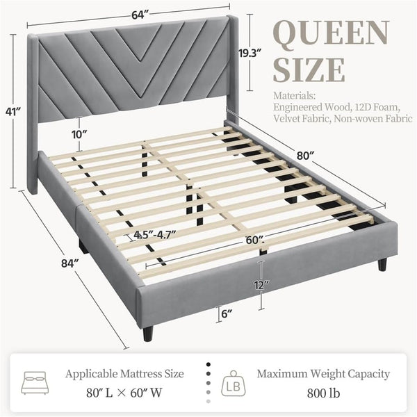 English Elm Queen Upholstered Platform Bed Gray Fabric Headboard Wooden Slat No Box Spring W5239P452887