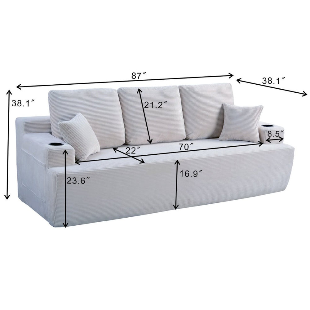 English Elm 87 Inch Plush Corduroy Three Seat Sofa with Deep Cushions Cup Holders Storage Pockets Cream White W5515P444477