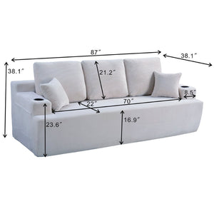English Elm 87 Inch Plush Corduroy Three Seat Sofa with Deep Cushions Cup Holders Storage Pockets Cream White W5515P444477