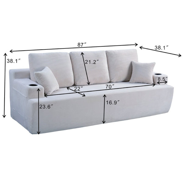 English Elm 87 Inch Plush Corduroy Three Seat Sofa with Deep Cushions Cup Holders Storage Pockets Cream White W5515P444477