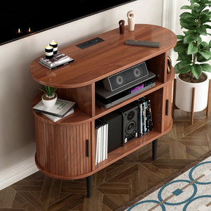 English Elm Large Mid Century Walnut Turntable Stand with Vinyl Storage and Built in Usb Charging W2641P442531