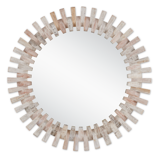 Diza Round Mirror - Bohemian Whitewashed Decor with Textured Wood and Unique Depth for Stylish Spaces