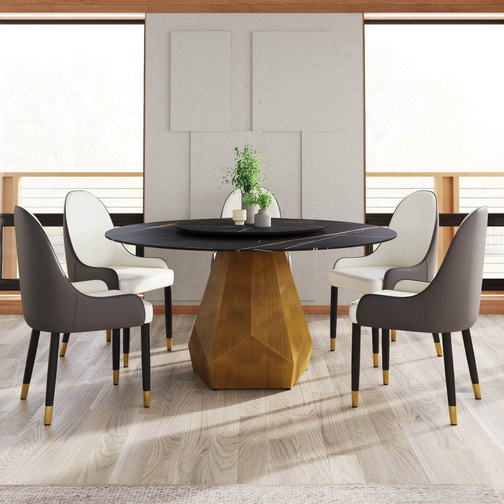 English Elm 59.05" Round Marble Dining Table With Metal Base & Lazy Susan - Seats 6-8, Stylish & Durable Design W1535S00374