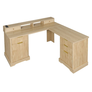 English Elm 59" Fluted Oak L-shaped Corner Desk with Charging Station Monitor Stand and File Storage Light Oak W2917S00005