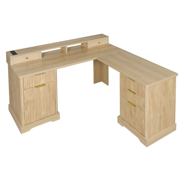 English Elm 59" Fluted Oak L-shaped Corner Desk with Charging Station Monitor Stand and File Storage Light Oak W2917S00005