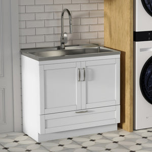 English Elm Hennessy Shaker Cabinet Utility Sink Stainless Steel Basin Laundry Room Setup B136P427209