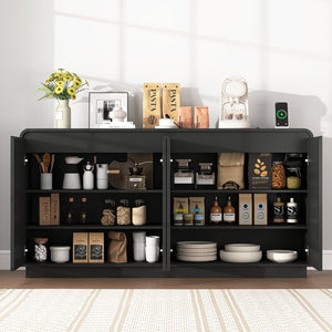 English Elm Black Fluted Wave Door Media Console with Built-in Power Outlet and Adjustable Shelving Black W409P452057