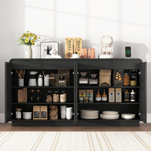 English Elm Black Fluted Wave Door Media Console with Built-in Power Outlet and Adjustable Shelving Black W409P452057