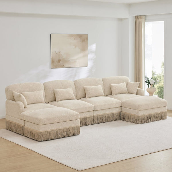 English Elm 131"comfy Chenille Leopard Print U-shaped Sectional with Tassel Trim and Modular Ottomans Beige W5656S00009