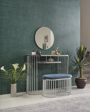 English Elm Garry Oval Fabric Ottoman with Chrome Legs — Plush Upholstery, Compact Modern Seat for Living Spaces Blue B029P333528