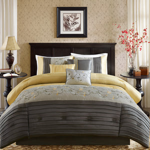 JLA Home Madison Park - Embroidered Serene 7 Piece Comforter Set with Faux Silk Finish, Yellow & Grey Floral Panels, Hotel-Style Layered Look 90 L x 90 W x 1.5H MP10-4185