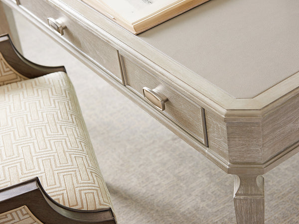 Lexington Sligh Chloe Writing Desk - Stylish Faux Leather Top, 3 Storage Drawers & Brushed Nickel Metal Accents Aspen Wood 250-412