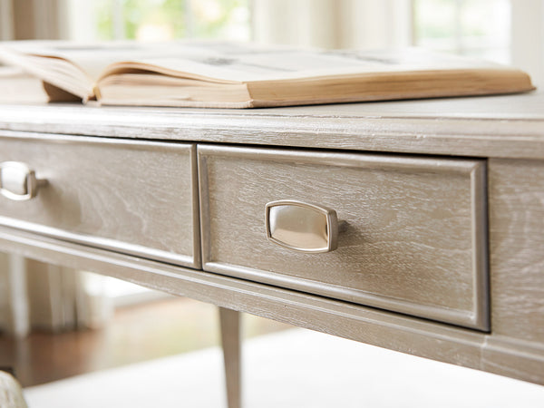 Lexington Sligh Chloe Writing Desk - Stylish Faux Leather Top, 3 Storage Drawers & Brushed Nickel Metal Accents Aspen Wood 250-412