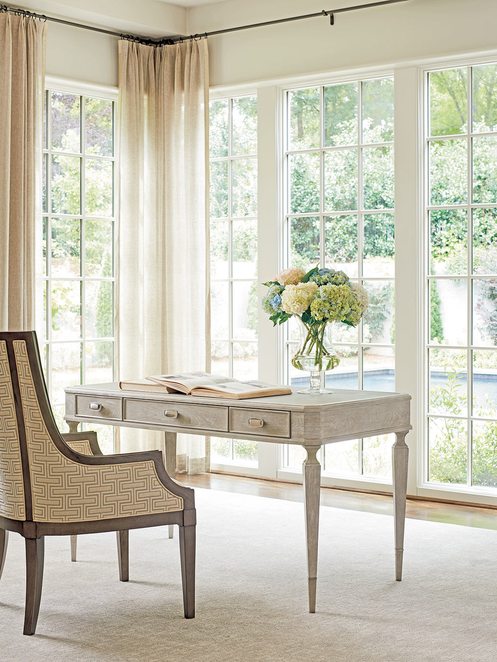 Lexington Sligh Chloe Writing Desk - Stylish Faux Leather Top, 3 Storage Drawers & Brushed Nickel Metal Accents Aspen Wood 250-412