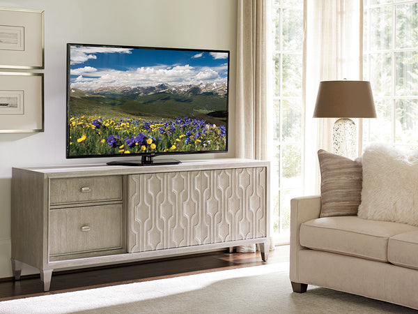 Lexington Sligh Reese Media Console - Stylish Storage Solution With Decorative Fretwork For Modern Living Spaces Aspen Wood 250-661