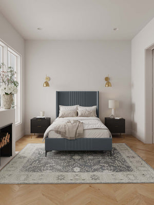English Elm 48" Full Velvet Upholstered Bed Channel Tufted Headboard Mid-century Modern Bedroom Grey B365S00156