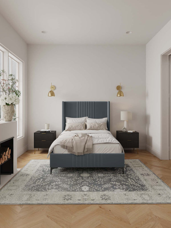 English Elm 48" Full Velvet Upholstered Bed Channel Tufted Headboard Mid-century Modern Bedroom Grey B365S00156