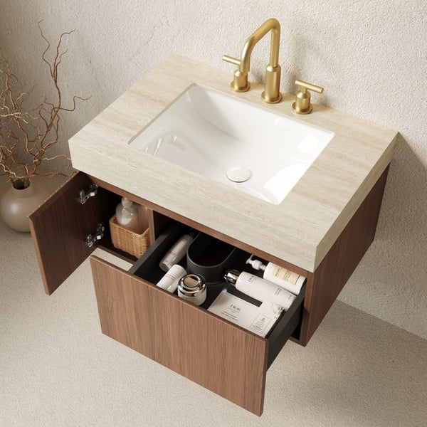 English Elm Muri Floating Bathroom Vanity Plywood Cabinet Sintered Stone Top Oak Drawer W2615S00610