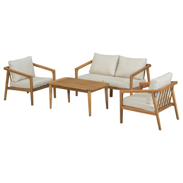 English Elm Westin Solid Acacia Wood 4 Piece Outdoor Chat Set with Cushioned Club Chairs WESTIN 4PCS CHAT SET