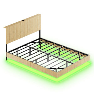 English Elm Oak Queen Floating Bed Walnut Finish Wavy Headboard Led Lighting Built in Charging W1820P407906