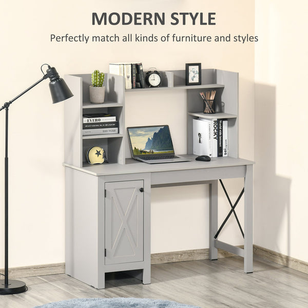English Elm Homcom Farmhouse Computer Desk With Hutch & Storage - Rustic Home Office Solution In Light Grey W2225P217269