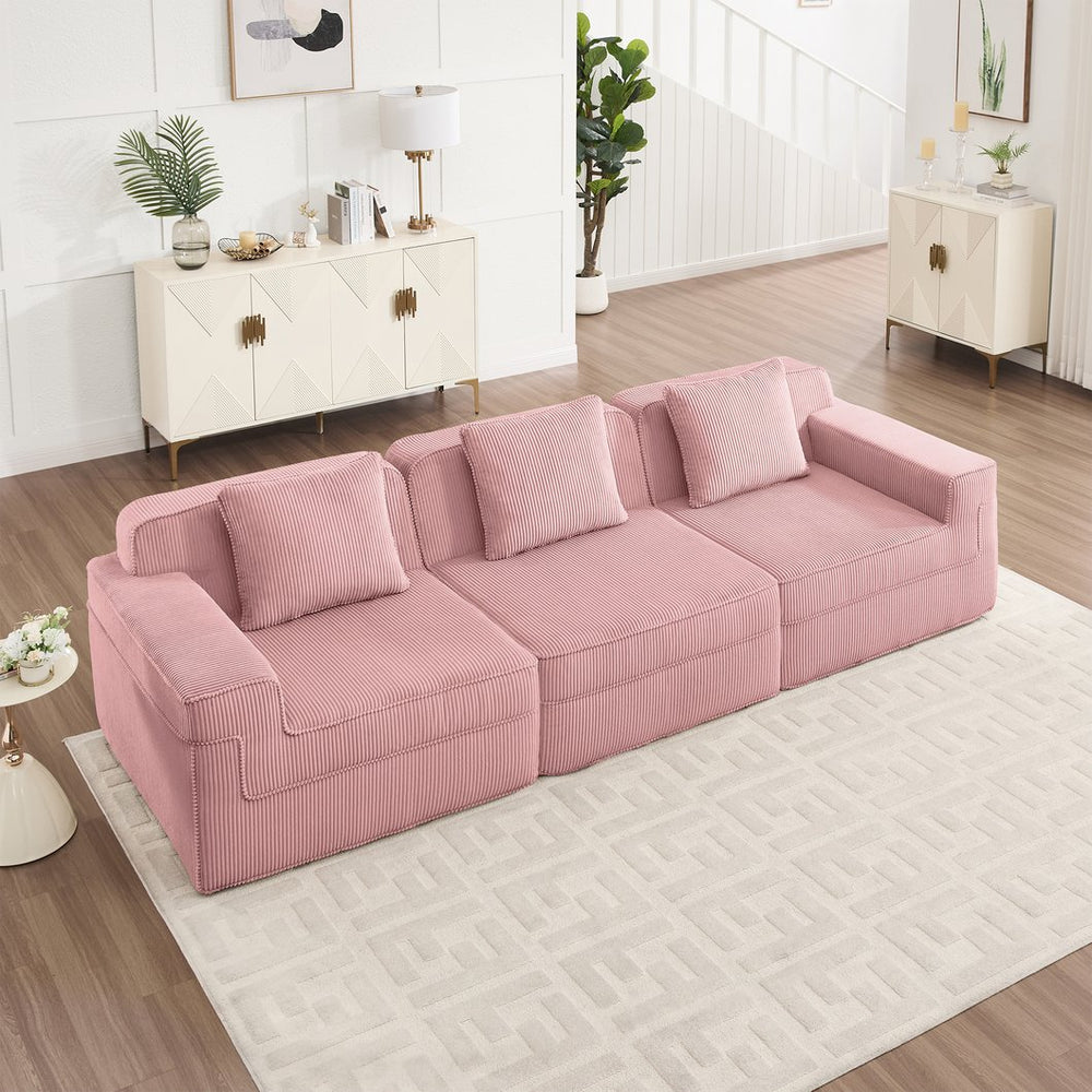 English Elm Modular 3-Seat Boneless Sofa - Cloud-Like Comfort, Soft Pink Corduroy, Modern Design With Pillows W3041S00338
