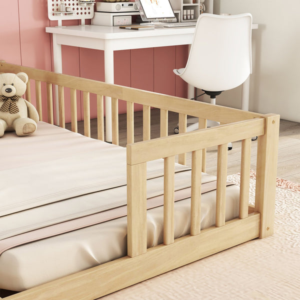 English Elm Double Twin Floor Bed With Safety Guardrails - Scandinavian Style, Durable Pine, Easy Assembly W504P143287