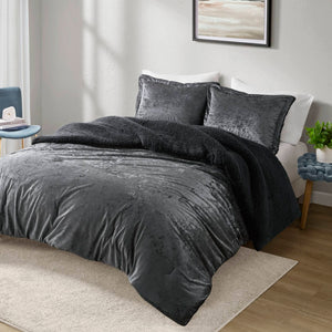 English Elm 3 Piece Crushed Velvet Reversible Comforter Set Full Queen Luxe Hypoallergenic Bedding Charcoal B035P319857