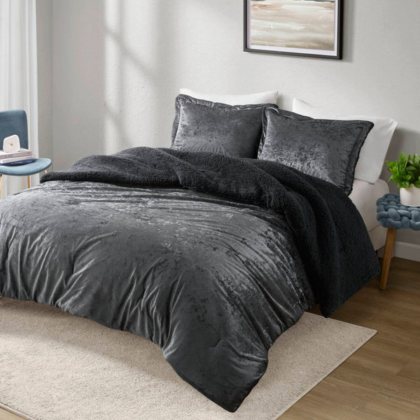 English Elm 3 Piece Crushed Velvet Reversible Comforter Set Full Queen Luxe Hypoallergenic Bedding Charcoal B035P319857