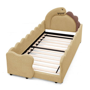 English Elm Twin Dinosaur Boucle Upholstered Kids Bed Solid Wood Frame with Padded Safety Rails Yellow W1413P384916