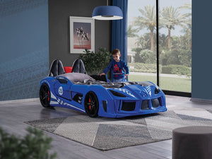 English Elm Modern Race Car Twin Bed with Led Lights Magnetic Doors and Leatherette Upholstery Blue B2741S00912