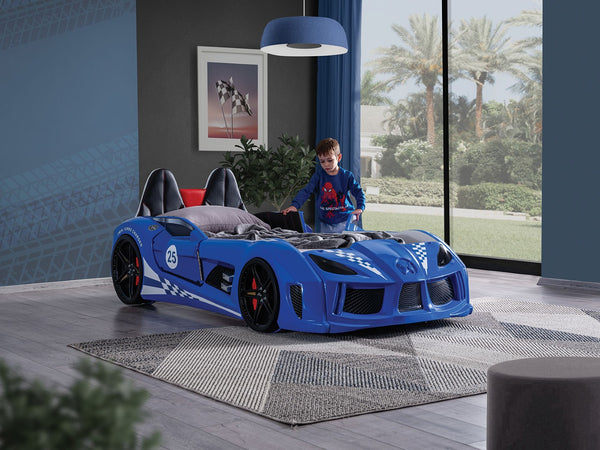 English Elm Modern Race Car Twin Bed with Led Lights Magnetic Doors and Leatherette Upholstery Blue B2741S00912
