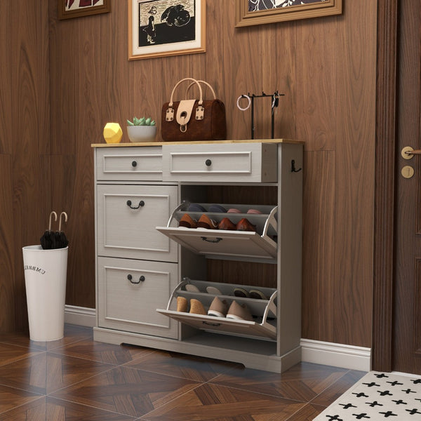 English Elm Shoe Storage Cabinet - Stylish Antique White Organizer With 4 Flip Drawers & Adjustable Shelf For Entryway W1120P290633-GIGA