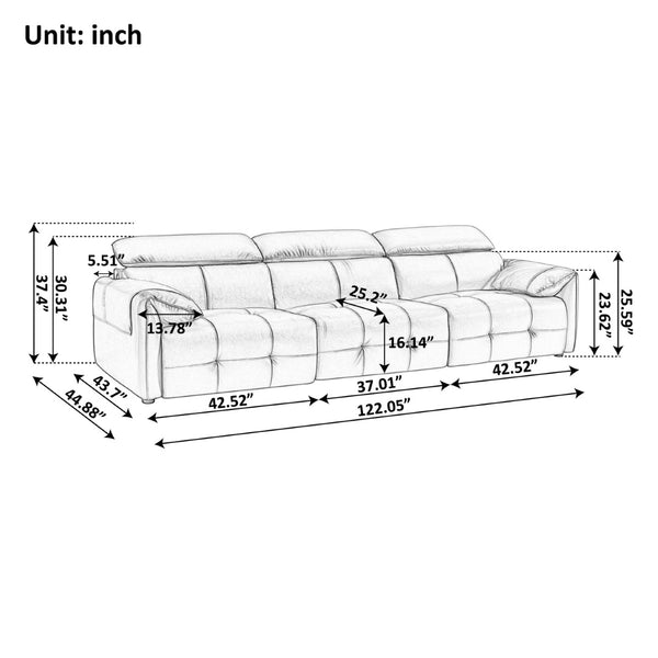 English Elm Genuine Top-grain Leather Three-seat Sofa with Reclining Backrests and Center Storage Beige White W1765S00132