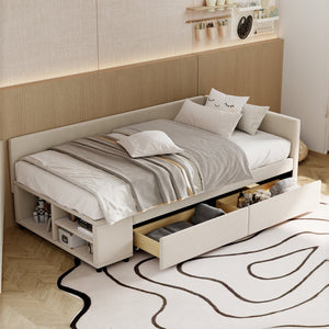 English Elm Twin Velvet L-Shaped Upholstered Platform Bed with Plush Headboard, Hidden Drawers & Cabinet Storage Beige SF000182AAA
