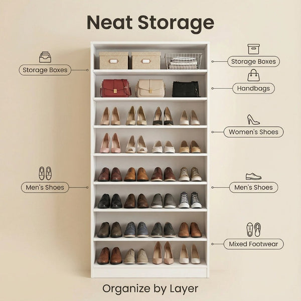 English Elm 9 Tier Freestanding Shoe Rack Tall Mdf Storage Organizer for Entryway Hallway White W3204P454074