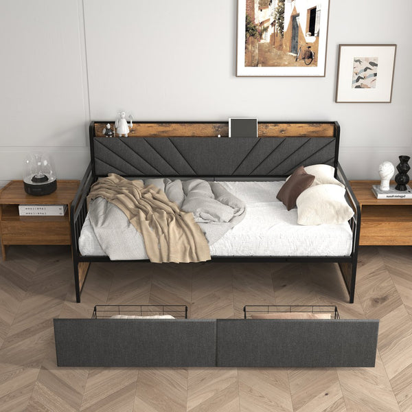 English Elm Twin Daybed with Drawers and USB Charging Station, Metal Frame, Upholstered Headboard, LED Mood Lighting Black+Brown+Grey W2129P244635