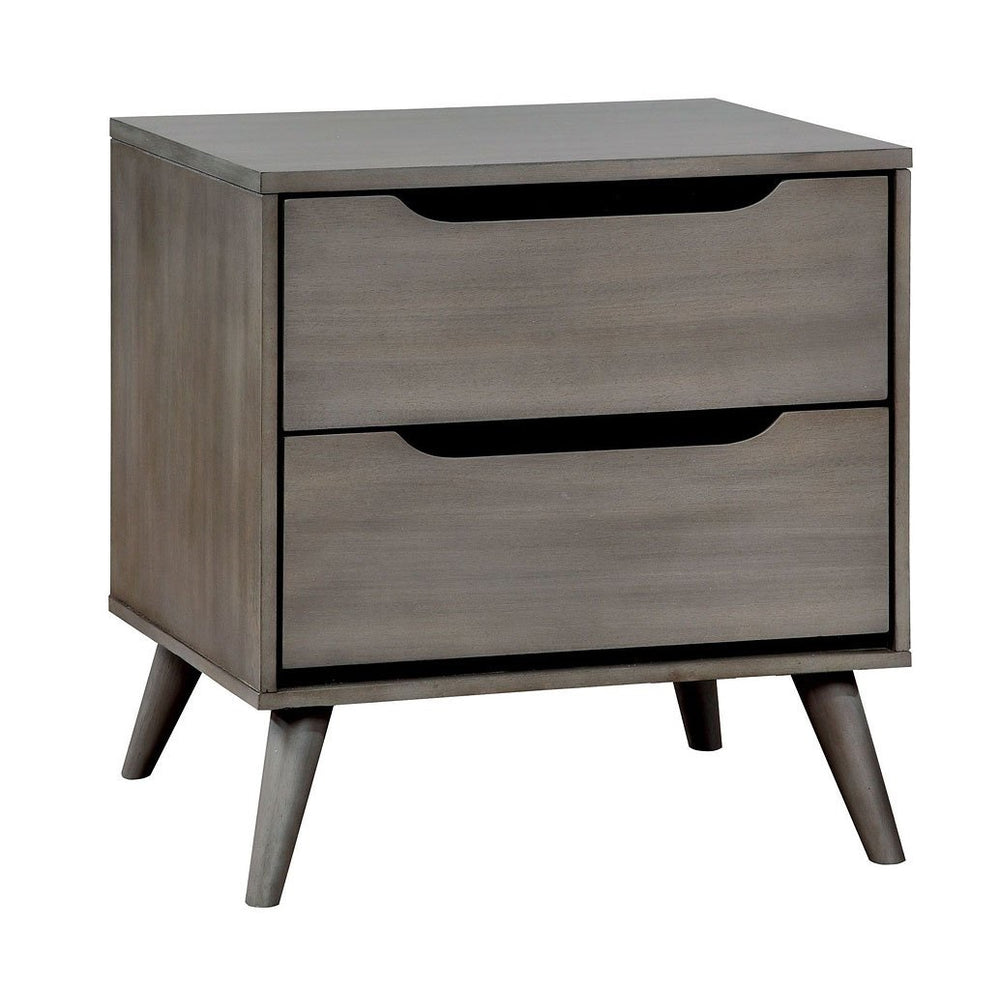 English Elm Mid-Century Nightstand with Solid Wood Construction, Tapered Round Legs, Recessed Pulls, 2-Drawer Stylish Bedside Table Gray 28 L x 21 W x 21 H B011P236772
