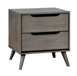 Mid-Century Modern Gray Nightstand, Solid Wood, 2 Drawers, Round Tapered Legs