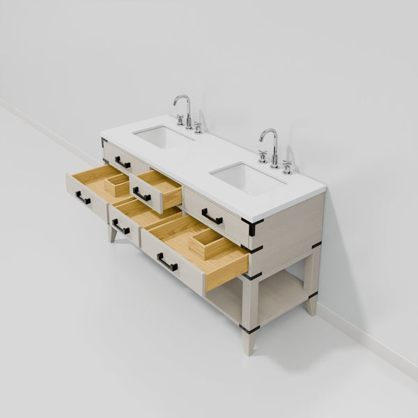 English Elm White Oak Double Bath Vanity With White Quartz Top & Polished Chrome Faucet Set – Stylish Storage! B2731P260287-GIGA