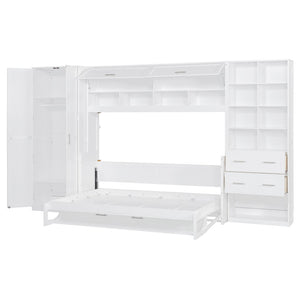 English Elm Full Size Murphy Wall Bed with Wardrobe Drawers Shelving for Studio Apartments LP000383AAK