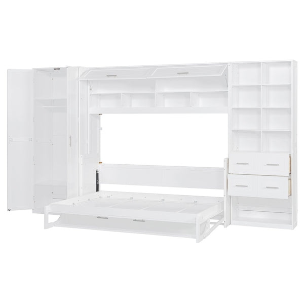 English Elm Full Size Murphy Wall Bed with Wardrobe Drawers Shelving for Studio Apartments LP000383AAK