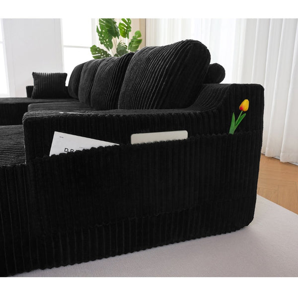 English Elm U-shaped Corduroy Cloud Sectional Sofa with Pocket Springs and Modular Living Room Seating Black W3366S00001
