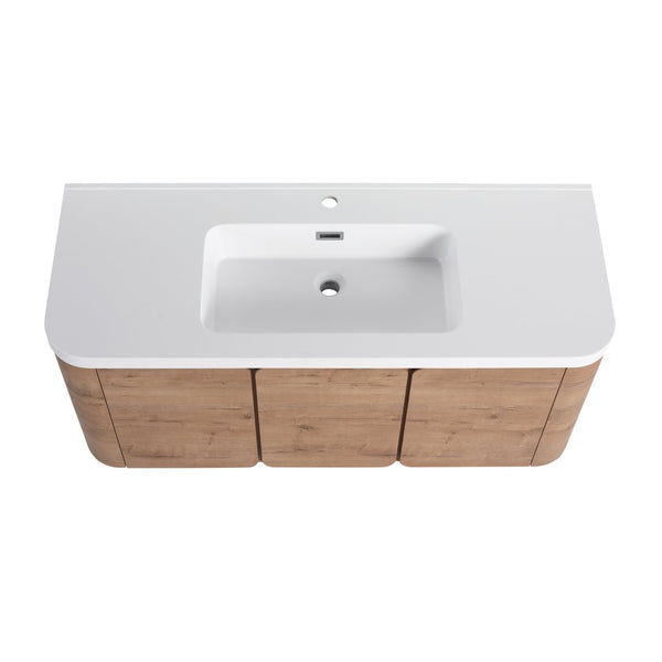 English Elm 48" Floating Bathroom Vanity Dual Ceramic Vessel Sinks Oak Finish Soft Close Doors W999S00507