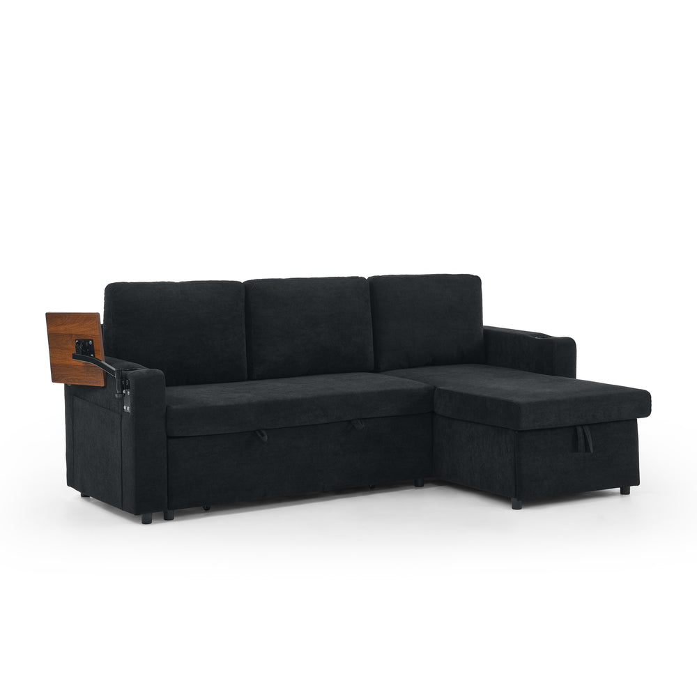 English Elm Modern Chenille Pull-Out Bed Sofa With Led Lights, Usb Ports, Cup Holders & Retractable Table, Black W1413S00098