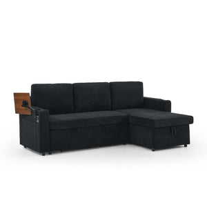 English Elm Modern Chenille Pull-Out Bed Sofa With Led Lights, Usb Ports, Cup Holders & Retractable Table, Black W1413S00098
