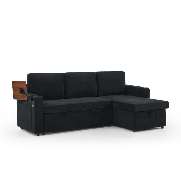 English Elm Modern Chenille Pull-Out Bed Sofa With Led Lights, Usb Ports, Cup Holders & Retractable Table, Black W1413S00098