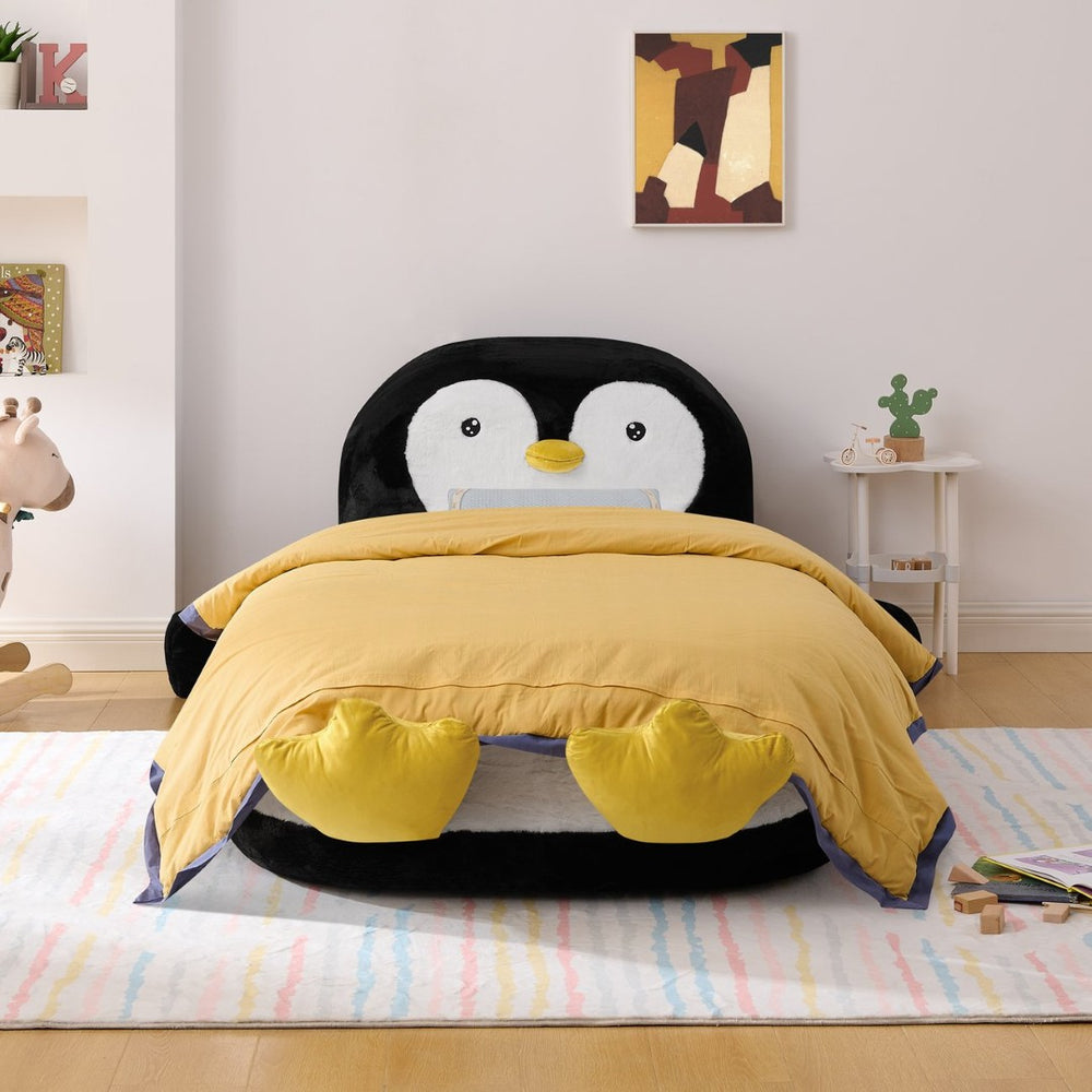 English Elm Twin Penguin Shaped Faux Fur Lounger Bed for Kids Playroom Sponge Filled Floor Chair W1413P384968